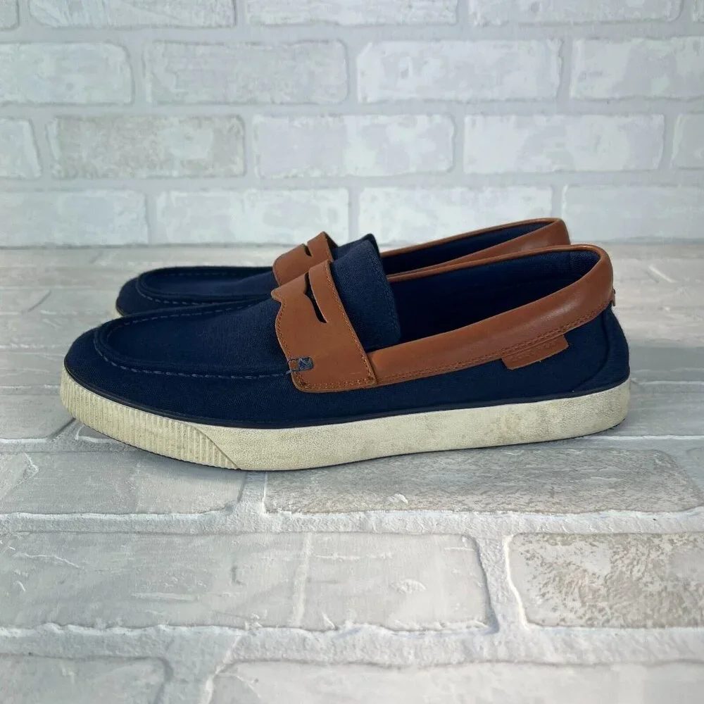 Cole Haan‎ Mens 9.5 M Nantucket 2.0 Navy Blue Brown Canvas Slip On Penny Loafer